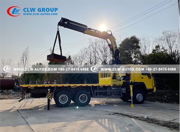 HOWO 6x6 Flatbed Truck With 16 Tons Knuckle Boom Crane